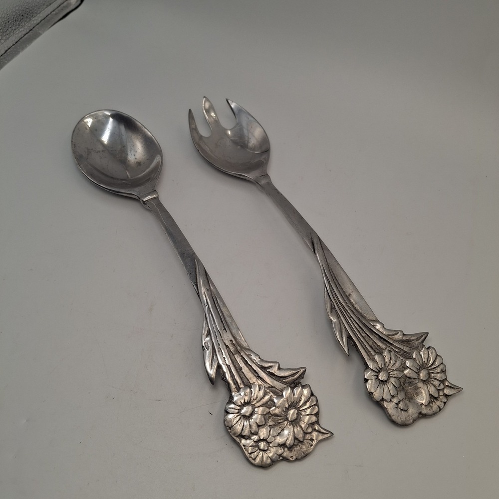 Vintage Mexican Pewter Salad Servers Set Daisy Floral Cast Aluminum Hecho Mexico